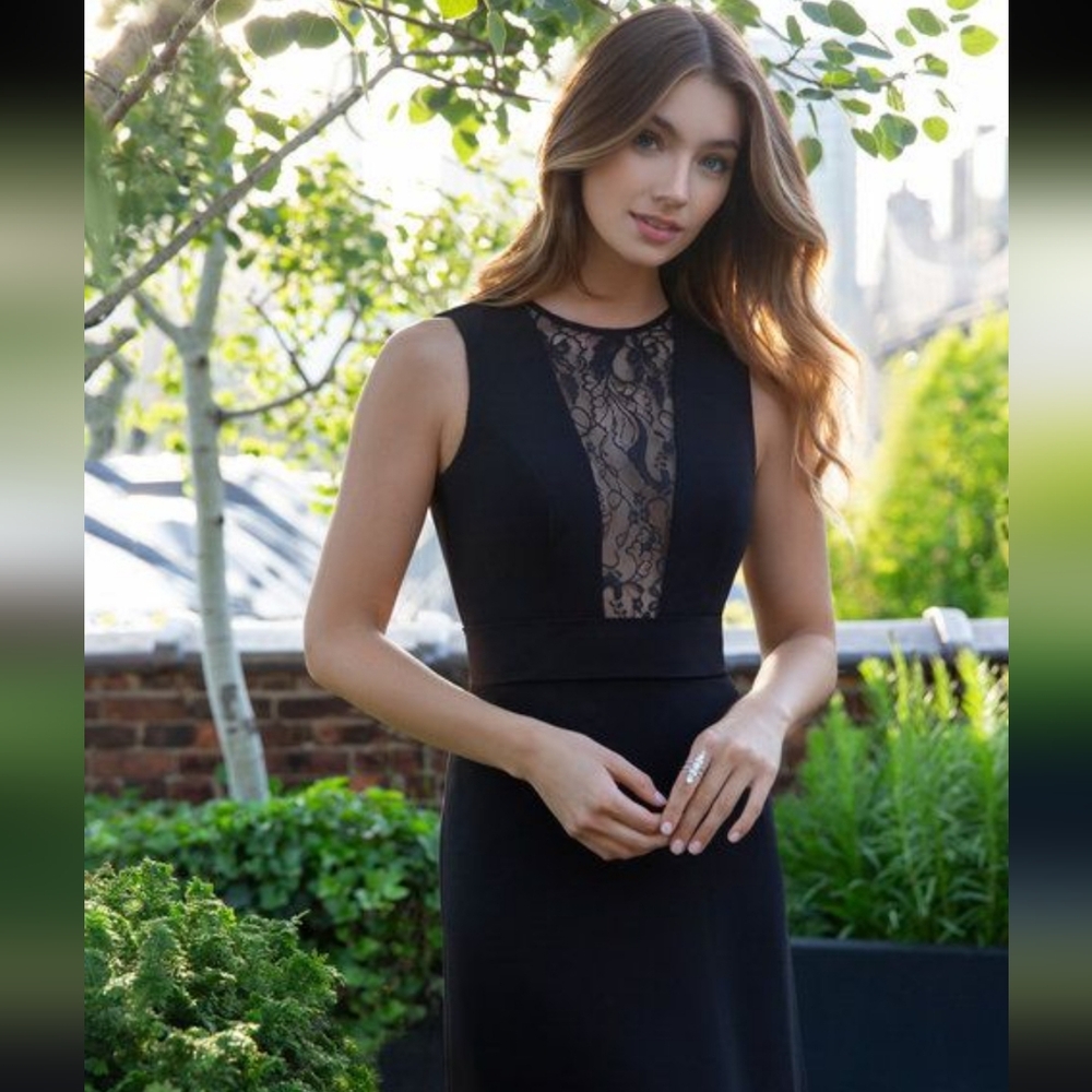 NWT Hailey Paige Collection Lace Inset Black Chiffon Gown SZ 10